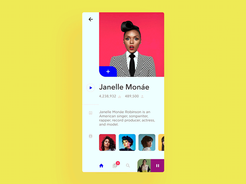 Music Player App Interaction - Made with InVision Studio animation interaction gif motion invision studio prototype iphone x ios artist modern material bottom navigation minimal clean colorful stylish music player app artist android profile ui ux social layout swipe scroll expand transition