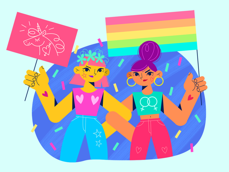 Girls! color digital gay parade girl illustration illustrator love peace pride month rainbow unicorn vector