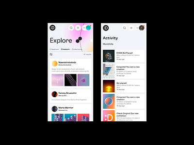 Explore NFT Artists & Activity Center activity animation artist cool creators crypto design doingud explorer grandients marketplace minimal motion graphics nft notification product design search sexy ui ux