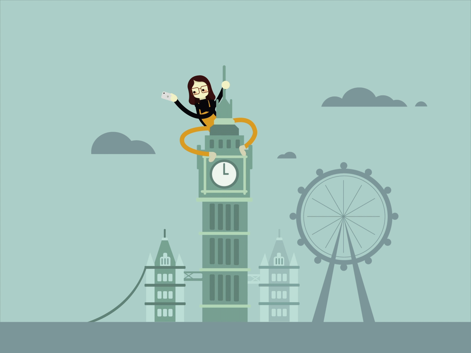 Traveling to London for the first time big ben climbing first time firstshot gif illustration london london bridge london eye selfie traveling vector