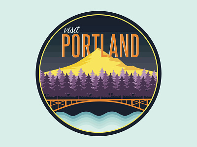 Visit Portland Badge badge blue color gradient illustration logo mountain portland trees type visit water