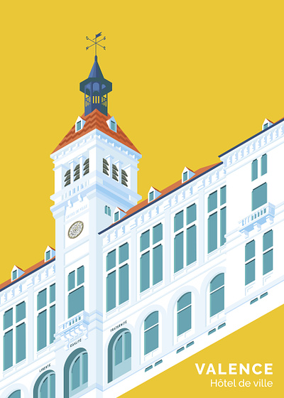 Mairie de Valence affiche blanc bleu illustration isomatric jaune mairie vector