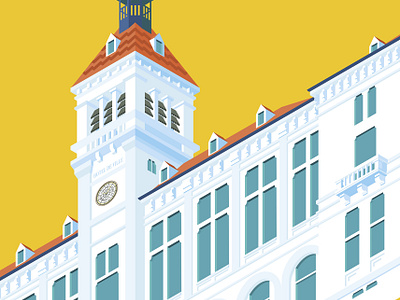 Mairie de Valence affiche blanc bleu illustration isomatric jaune mairie vector
