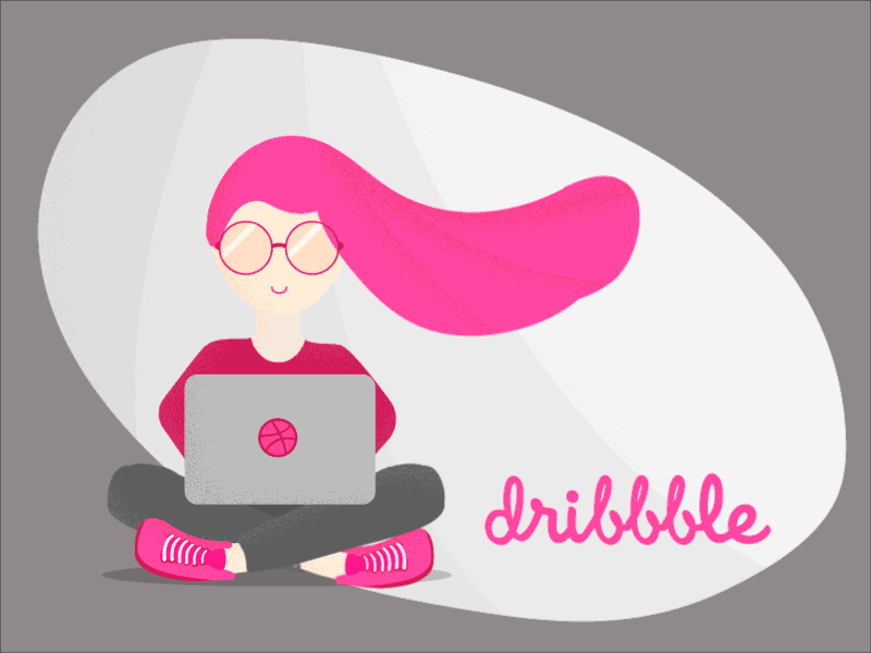 Hello Dribbble animation dribbble dribbble app dribbble ball dribbble debut flat gif girl glasses hair illustration laptop pink smile vector web