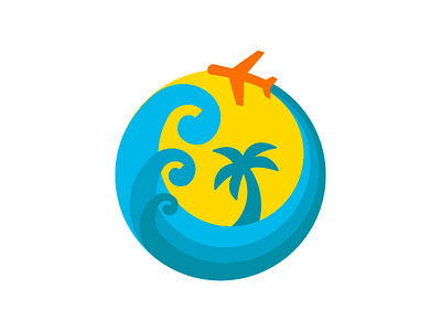 Travel agency Logo blue bright circle design journey logo palm plane tourism tourist travel travel agency waves yellow