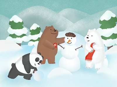 Bare bears in lovely winter bare bears bear grizz ice bear illustration panda snowman