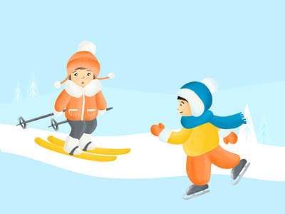 Kids Have Fun In Winter part2 boy child girl illustration kids skates skating skiing winter