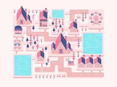 Summer In The City 🍭 2d architecture buildings city city illustration cityscape cute flat illustration illustrator lineart map minimalist pastel pastel colors pink store town ui vector