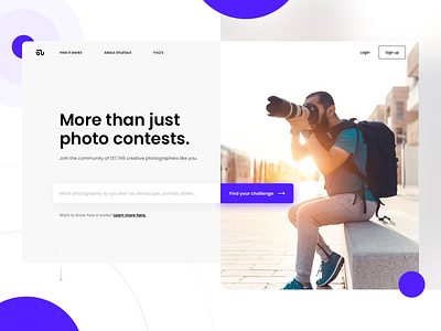 Another WIP 📸 Homepage camera clean competition contest find form hero homepage input landing photo photographer search shuttout tagline top ui web website