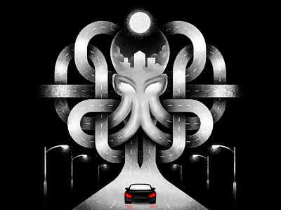 Night ride car city dark design digital digital illustration drive highway illustration night noir octopus procreate stippling texture