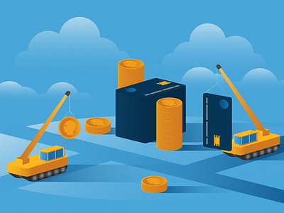 Building Credit clouds coin coins crane credit credit card creditcard design editorial editorial illustration illustration trucks