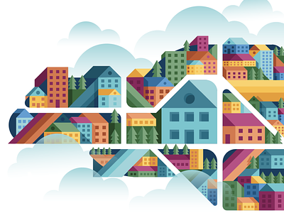 Town on a Hill clouds color colorful house houses illustration illustration art suburb town vector village