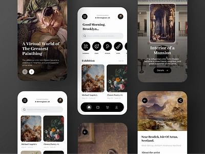 Virtual Exhibition App Design app art artist artwork black design exhibition figma minimal mobile mobile design painthing renaissance ui visual exhibition