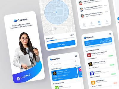 Openjob : Job Finder App 🔍 around branding chat design find job job logo maps radius ui ui ux