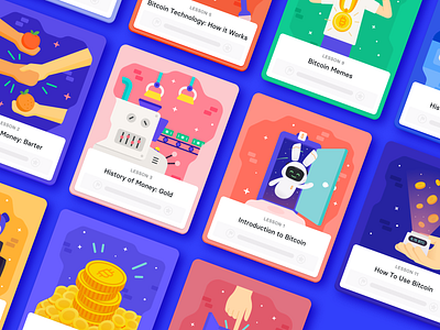 Bitcoin Lessons — E-learning App Cards apps bitcoin bitcoin lessons cards characters coins criptocurrency design digital products digital studio education elearning flat design gold graphic design illustration lessons money startups z1