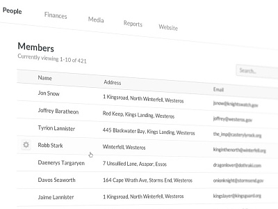 Members of Westeros app data list members table