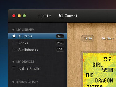 E-book Management App - WIP app dark interface library list mac menu sidebar ui ux wood