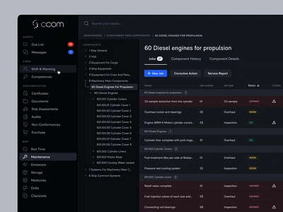 CCOM - ISM & Safety Management bars ccom dark dashboard list maintenance menu navigation norway sea ship side status system table tabs toggle tree ui vessel