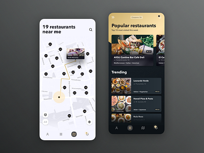 GoOut - Restaurant Guide app concept dark dinner discount eating food gold light map mobile restaurant ui warsaw