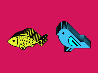 Fish and Bird 3d bird fish icon illustration minimal