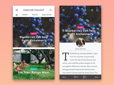 Food Magazine App UI Design article article screen blog blog screen blueberries comments screen food for thought health interface design mobile app ui ux