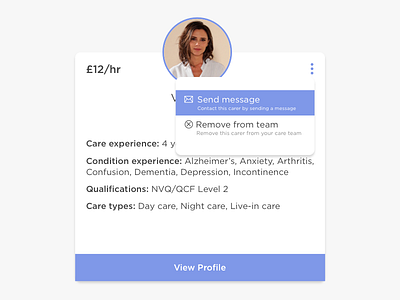 Profile Module app design care carer interface profile profile card profile module ui ux web app