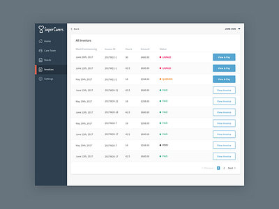 Care App Invoices Screen app care customer interface invoices list pagination platform table tags ui web app
