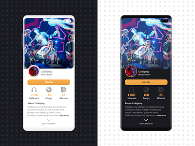 Musician Profile UI Design - Light and Dark Theme app design modern design modern ui music app musician profile page ui ui deisgn user interface ux ux design