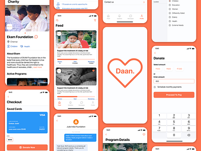Daan - The Charity Application Screens app application cases charity checkout donate donation feed filter interaction interface ios messaging product design screens settings ui uiux user experience ux