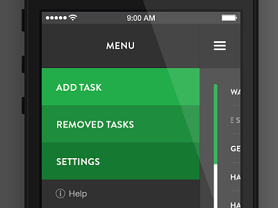 Off-canvas menu - Task Manager iOS App black green grey iphone menu navigation off canvas off canvas task manager tasks