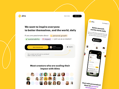 Alms 2.0 – Real Landing app bold clean full time illustration job landing layout minimalist readymag responsive web website wellbeing yellow