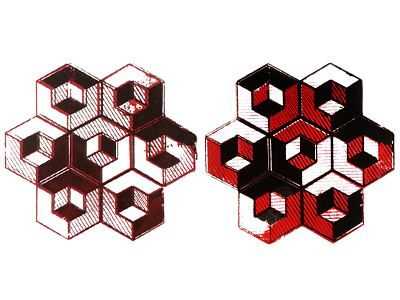 Escher Cube Print 2 3d black cube escher hexagon honeycomb illusion ink offset red screen print