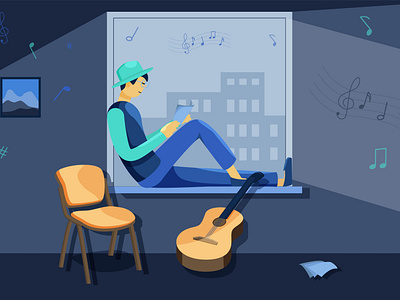 Guitarist at the window character flat illustration vector