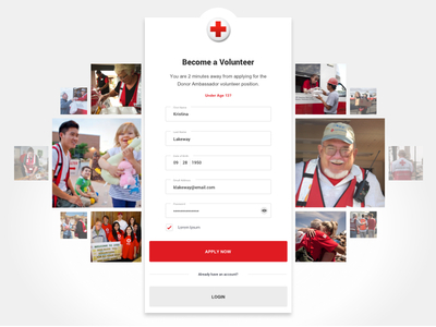 Become a Volunteer apply field form health login member sign in sign up ui ux volunteer