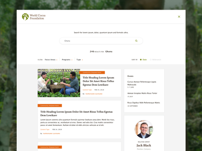 World Cocoa Foundation Search page articles chocolate cocoa design events expert filters hamburger landing mobile navigation nature responsive search slider texture ui uidesign ux ux ui web design