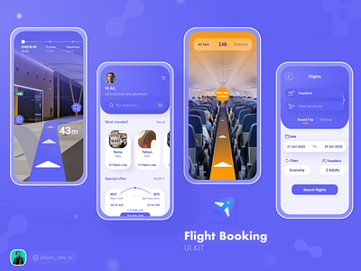 Flight Booking UI Kit adobexd airpods airport app application ar app artist dark design fight navigate navigation reservation ticket ui ux ux virtual reality