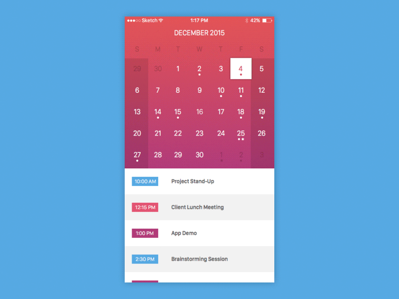 Calendar 038 animation calendar dailyui event gradient interaction ios iphone new