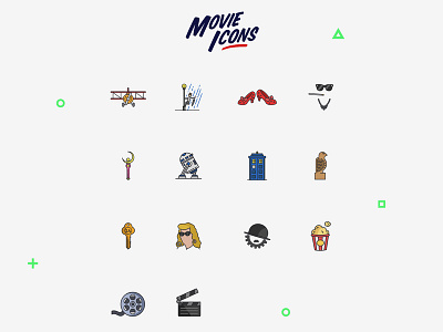 Movie Icons Set audrey hepburn charlie chaplin cinema dr. who flick iconography icons movie movies netflix outlines popcorn r2d2 sailor moon sinatra star wars wizard of oz