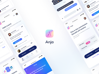 Anja UI app app design branding clean connect contacts contacts list design feed figma logo mobile mobile app network payment social stripe ui ux white