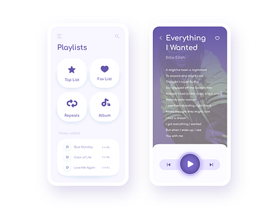 Music Player - Playlists 2020 2d 3d album art art billie eilish blue cleanui flat icons list minimal modern music music app music player playlist purple typography