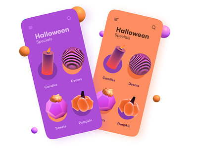 Halloween Gift App 2021 trend 3d art 3d icon 3d icons 3d modeling candles celebration gift gift shop halloween halloween design halloween shop modern online shop orange pumpkin purple scary shopping app sweets