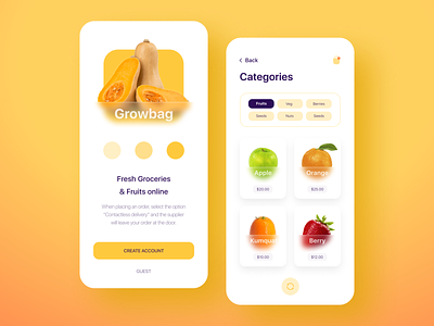 Growbag - Fruits & Grocery App 3d food app food apps fruits fruits and vegetables online glassmorphism glassy groceries grocery grocery app grocery store grow modern orange typography vegetables