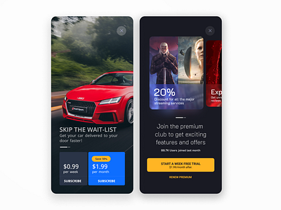 Subscription mobile app screen app car dark design modal movie ott pop up subscription ui ux