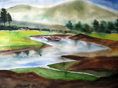 Hill, River watercolor waterfall