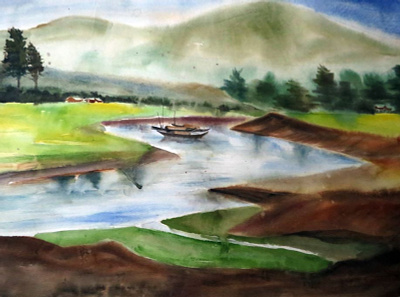 Hill, River watercolor waterfall