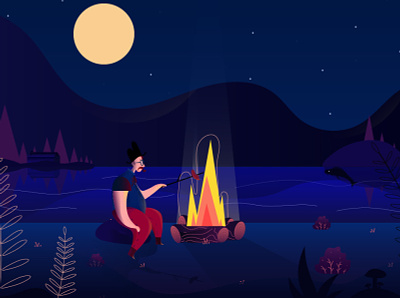 fire camp 2d adobe illustrator behance camp cartoon character cartoon illustration character design concept dribbble dribbblers fire forest gradient illustration illustrator motion nature night vector