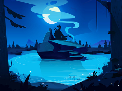 The hermit of the lake 2d alien background cartoon character design colors concept creature forest gradient hermit illustration lake monk mysterious night river rocks smoke vector