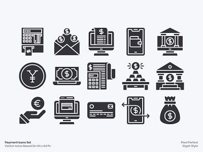 Payment Icons app bank banking business commerce currency dollar euro finance icon iconography icons set money payment pound ui ux vector web yen