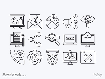 SEO & Marketing Icons ads design essential graphic design icon icon pack icons pack icons set illustration line logo marketing minimal outline seo seo and marketing ui vector