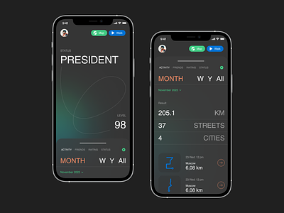 App for walking | Dark mode app concept discover interface mobile mobile app tours travel traveling ui ui design ux walk